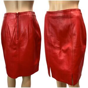 90s Firenze Santa Barbara Luxe Red Leather Skirt w Front Vents | W 26"